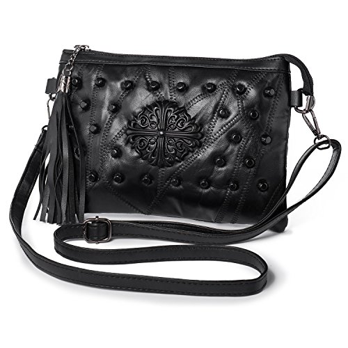 Bolso Bandolera Mujer Pequeño Bolso de Mano con Remache y Borla Bolso de Hombro de Noche, Asa y Correa, Negro