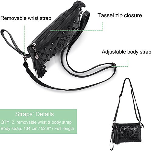 Bolso Bandolera Mujer Pequeño Bolso de Mano con Remache y Borla Bolso de Hombro de Noche, Asa y Correa, Negro