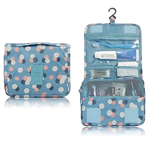 Bolso de aseo / Organizador especialmente concebido para los viajes, el maquillaje y artículos de higiene personal (Azul / Flor)