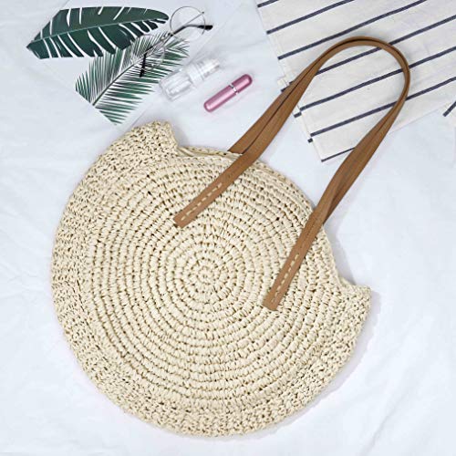 Bolso Redondo de la Paja Mujeres Bolsos de Bandolera Verano Crossbody Totes de Playa Ratán Tejidas a Mano Para Estilo Boho Para Viajes, Fechas y Vacaciones