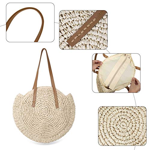 Bolso Redondo de la Paja Mujeres Bolsos de Bandolera Verano Crossbody Totes de Playa Ratán Tejidas a Mano Para Estilo Boho Para Viajes, Fechas y Vacaciones