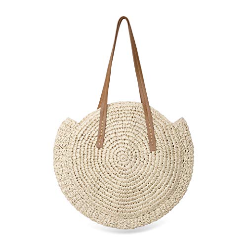 Bolso Redondo de la Paja Mujeres Bolsos de Bandolera Verano Crossbody Totes de Playa Ratán Tejidas a Mano Para Estilo Boho Para Viajes, Fechas y Vacaciones