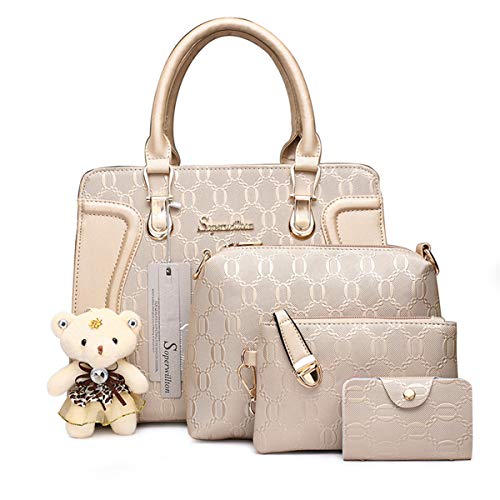 Bolsos de moda para mujer Bolsos de mano Bolsa de hombro Top Handle Satchel Set 4pcs, Oro, Large