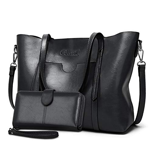 Bolsos de Mujer Bolso Bandolera Tote Grande De Hombro Bolsos PU Cuero Bolsos Billetera 2pcs Set (Negro)