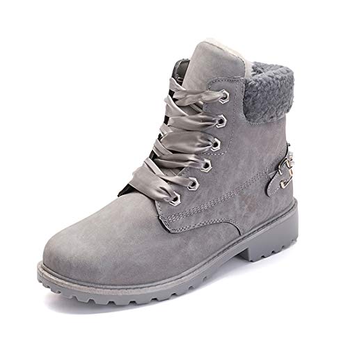 Botas Nieve Mujer Otoño Invierno Calentar Piel Forro Botines Retro Snow Boots Cordones Zapatillas Planas Gris 39