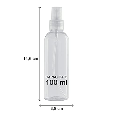 Botella Spray Pulverizador de plástico Transparente Pet 100 ml. hermética y Reutilizable. Nebulización Fina idónea para Limpieza, humectar, Plantas, ambientador y Perfume. (06 Unidades)