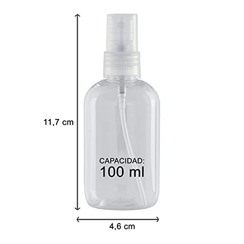 Botella Spray Pulverizador de plástico Transparente Pet 100 ml. hermética y Reutilizable. Tamaño Ideal Viaje. Nebulización Fina idónea para ambientador y Perfume. (12 Unidades)