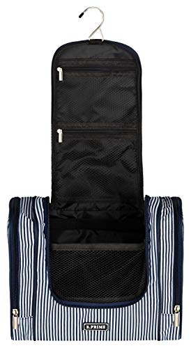 B.PRIME Bolsa de Aseo Classic XL Azul Marino y Blanco – Neceser prémium Muy Espacioso para Colgar – Medidas: 28x13x22 cm