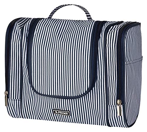 B.PRIME Bolsa de Aseo Classic XL Azul Marino y Blanco – Neceser prémium Muy Espacioso para Colgar – Medidas: 28x13x22 cm