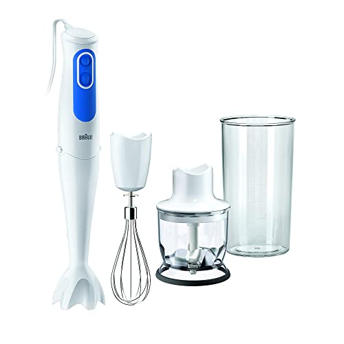 Braun Minipimer 3 MQ3025 - Batidora de Mano de 700W, 2 Velocidades, Antisalpicaduras, 3 Accesorios (Varillas, Minipicadora de 350 ml, Vaso Medidor de 600 ml), Color Blanco y Azul