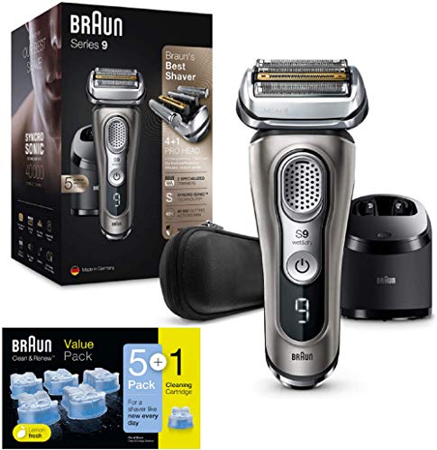 Braun Series 9 9385cc Afeitadora Eléctrica Hombre con Estación Limpieza y Carga Clean&Charge + Braun Clean&Renew Cartuchos de recarga para afeitadora eléctrica hombre, 5+1 unidades