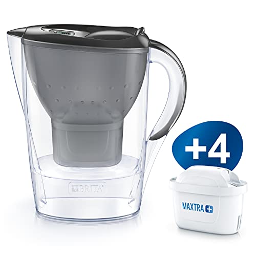 BRITA Marella Graphite - Jarra de Agua Filtrada con 4 cartuchos MAXTRA+ - Filtro de agua que reduce la cal y el cloro – Agua filtrada para un sabor óptimo - 2.4 L