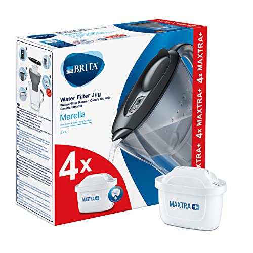 BRITA Marella Graphite - Jarra de Agua Filtrada con 4 cartuchos MAXTRA+ - Filtro de agua que reduce la cal y el cloro – Agua filtrada para un sabor óptimo - 2.4 L