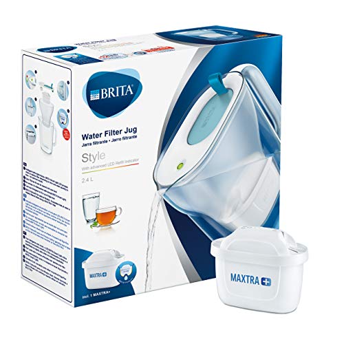 BRITA Style azul - Jarra de Agua Filtrada con 1 cartucho MAXTRA+, Filtro de agua BRITA que reduce la cal y el cloro, Agua filtrada para un sabor óptimo, 2.4L