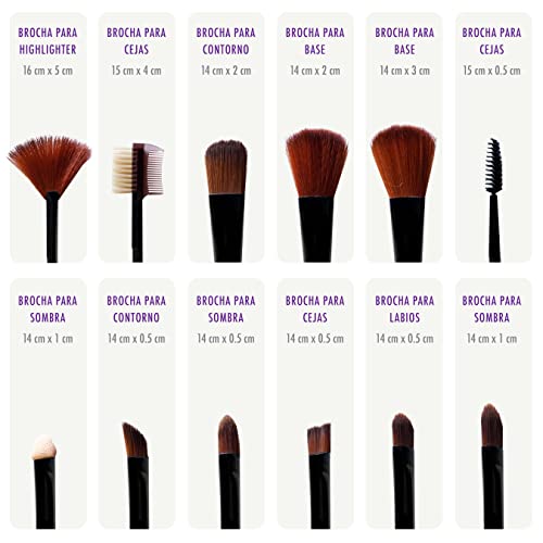 Brochas Maquillaje. Estuche elegante con 12 brochas, pinceles y 4 esponja maquillaje. Cerdas sintéticas ecológicas suaves de larga duración. Set maquillaje profesional ideal para casa y viaje.