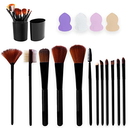 Brochas Maquillaje. Estuche elegante con 12 brochas, pinceles y 4 esponja maquillaje. Cerdas sintéticas ecológicas suaves de larga duración. Set maquillaje profesional ideal para casa y viaje.