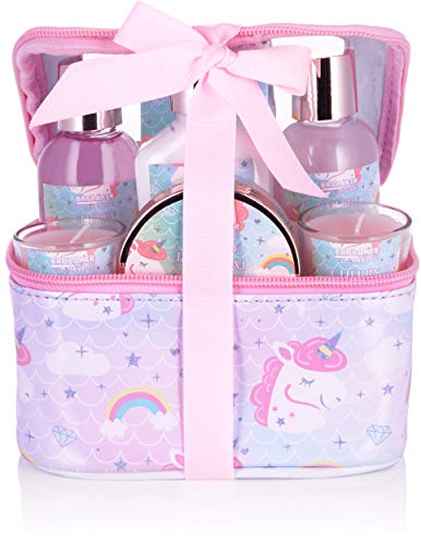 BRUBAKER Cosmetics Set de Baño y Ducha de Unicornio de 7 Piezas - Cherry Blossom - Set de Regalo con Aroma a Flor de Cerezo - Incl. 2 Velas Perfumadas en Caja de Cosméticos