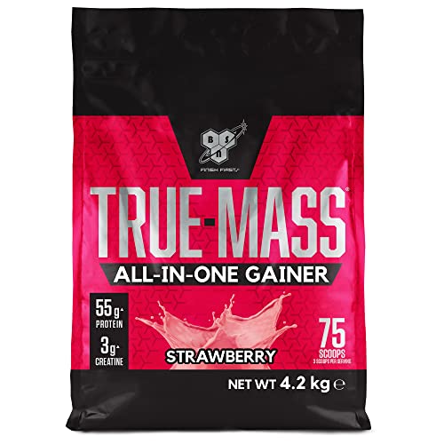 BSN True Mass All In One Gainer, Proteínas para Aumentar Masa Muscular con Creatina Monohidratada, Glutamina, Vitamina D y Zinc, Fresa, 25 Porciones, 4.2 kg