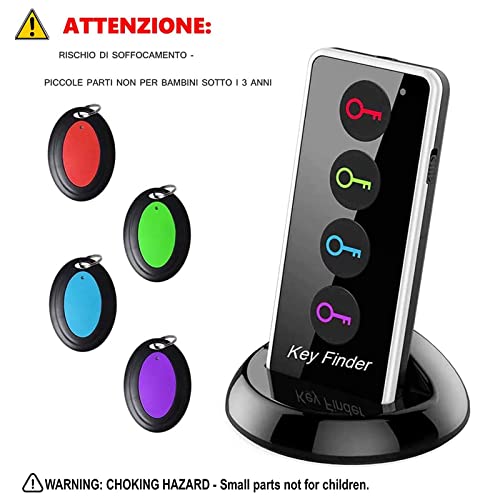 Buscador de llaves remoto JTD Buscador de llaves inalámbrico/Localizador de artículos de RF inalámbrico con linterna LED y base para teléfono celular Keys Pets (4 receptores, 1 control remoto, 1 base)