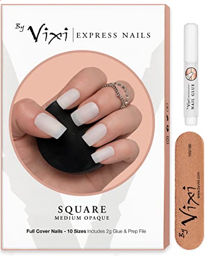 By Vixi 120 uds SET DE UÑAS MEDIANO CUADRADO. LIMA DE Y PREPARACIÓN PEGAMENTO Y GRATIS, 10 tamaños - de uñas postizas exprés de cobertura total Opaco para profesionales de salón y uso doméstico