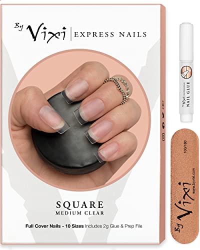 By Vixi 120 uds SET DE UÑAS MEDIANO CUADRADO. LIMA DE Y PREPARACIÓN PEGAMENTO Y GRATIS, 10 tamaños - de uñas postizas exprés de cobertura total Transparente para profesionales de salón y uso doméstico