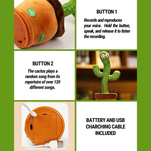 Cactus Bailarin con Movimiento Electrónico, Luces y 120 Canciones en Inglés. Juguete de Peluche que Baila para Aprender Idiomas y Ritmo. Carga USB Cable y Batería Incluidos. Canciones en Inglés