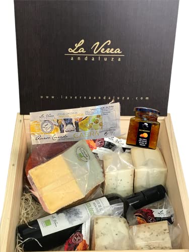 Caja Regalo GOURMET (Pack F-2). Queso Cabra (PAYOYA) y 4 Quesos de vaca con Especias + Aceite de oliva ECOLÓGICO Arbosana + Mermelada de naranja. Marca La Verea Andaluza.