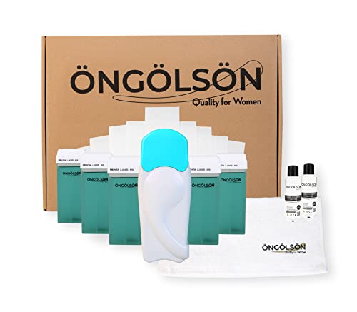 Caja Regalo Kit Depilación Mujer:Calentador Cera roll on profesional,5 cartuchos de Cera depilatoria roll on MENTA envasados unitariamente,2 Aceite post-depil neutro,Toalla Ongolson y 100 Bandas.