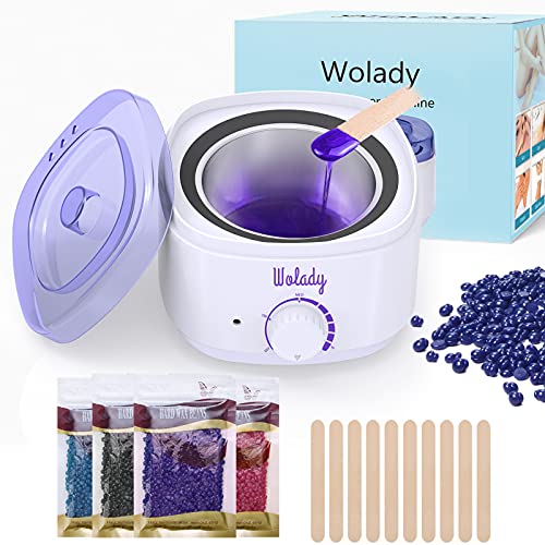 Calentador de Cera Eléctrico Wolady Kit de Depilación de Cera Profesional 500ml Calentador de Cera Depilatoria 4 Paquetes Granos de Cera 10 Palillos Madera para Cara Brazos Axilas Piernas Bikini