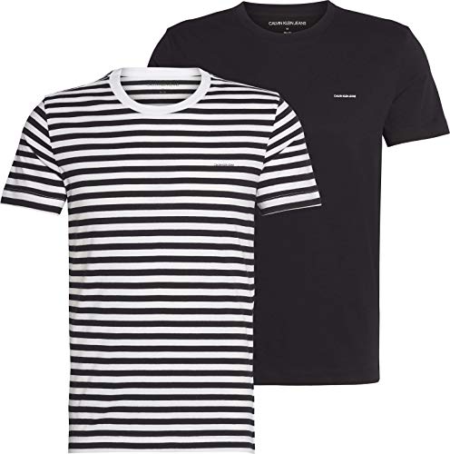 Calvin Klein Jeans Paquete de 2 Camisetas Ajustadas Camisa, Black Beauty/White Black Stripe, L para Hombre