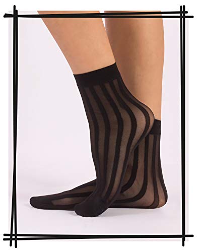 CALZITALY 3 PARES Calcetines de mujer | Mini medias semi transparentes | Fantasía Lunares, Rayas Verticales, Cuadros | Negro | Talla Unica | 100% Made in Italy | (NEGRO)