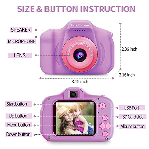 Cámara de Fotos para Niños, Cámara Digital para Niños Pantalla HD de 2 Pulgadas Cámara de Video 1080P, con Tarjeta TF 32 GB, para Regalos Ideales para Niños Niñas (Purple)