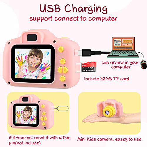 Cámara para Niños Infantil Cámara de Fotos Digital Cámara Juguete para Niños 2 Pulgadas 12MP 1080P HD Selfie Video Cámara Regalos Ideales para Niños Niñas de 3-10 Años con Tarjeta TF 32 GB (Rosa)