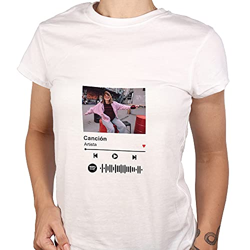 Camiseta Mujer con Diseño Personalizable Spotify · Camisetas Personalizadas con Foto, Pon tu Canción y Artista Favorito sorprender a una Amiga · Manga Corta · Blanco · S