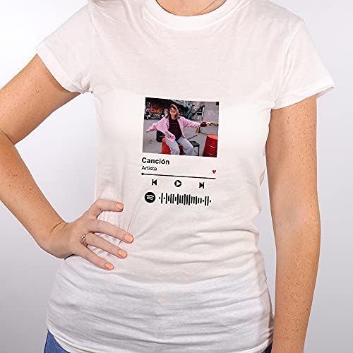 Camiseta Mujer con Diseño Personalizable Spotify · Camisetas Personalizadas con Foto, Pon tu Canción y Artista Favorito sorprender a una Amiga · Manga Corta · Blanco · S