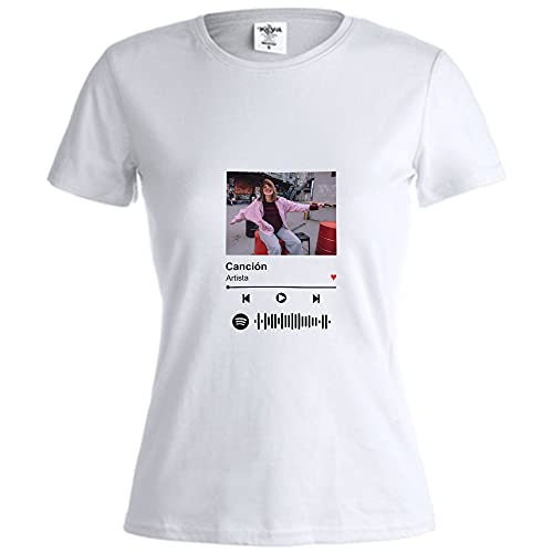 Camiseta Mujer con Diseño Personalizable Spotify · Camisetas Personalizadas con Foto, Pon tu Canción y Artista Favorito sorprender a una Amiga · Manga Corta · Blanco · S