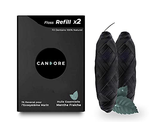 Candore – Hilo dental natural de carbón de bambú | 2 recambios incluidos para tarro | Perfume de menta pimienta | Longitud total 90 m | Cera natural | 100% compostable | cero