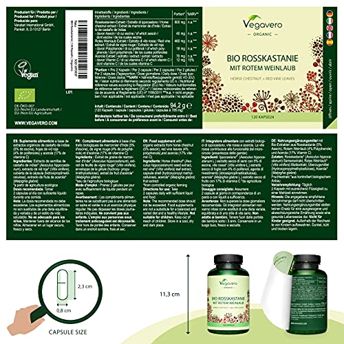 Castaño de Indias BIO Vegavero® | Con 800mg + Vitamina C & Vid Roja | Hemorroides & Circulación | Libre de Aditivos | Tratamiento Natural | 120 Cápsulas | Vegano | Aesculus Hippocastanum