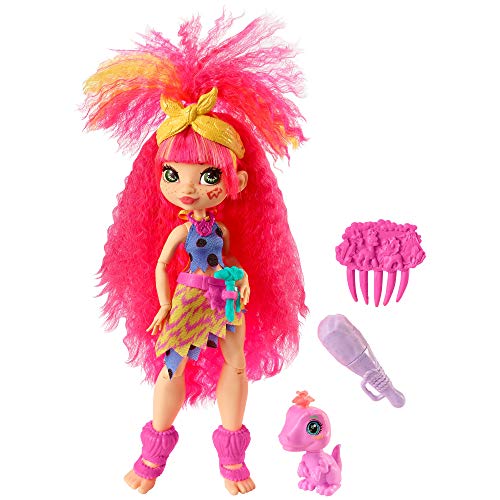 Cave Club Muñeca Emberly, muñeca prehistórica con Mascota y Accesorios (Mattel GNL83)