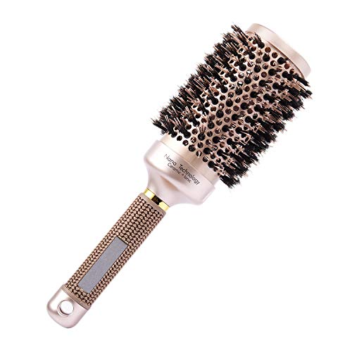 Cepillo de pelo redondo de cerda de jabalí seco de 53 mm Nano Technology Cerámica Cepillo de pelo iónico para mujer, secado por soplado, peinado, rizado, dorado (2.1 pulgadas)