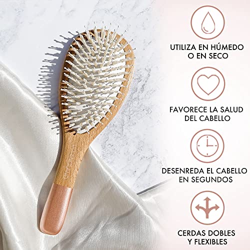 Cepillo madera para el cabello, cepillo plano para mujeres con cerdas suaves - Cepillo desenredante de haya sostenible para todo tipo de cabellos - Rosa dorado - Lily England