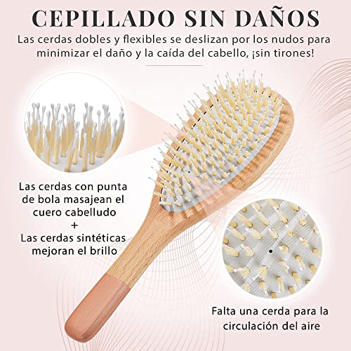 Cepillo madera para el cabello, cepillo plano para mujeres con cerdas suaves - Cepillo desenredante de haya sostenible para todo tipo de cabellos - Rosa dorado - Lily England