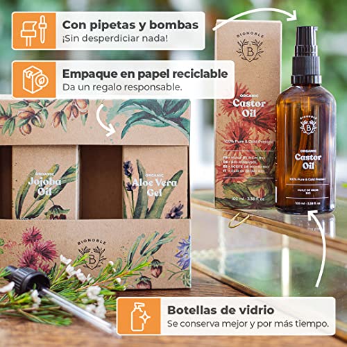 CESTA DE REGALO PARA MUJER | Gel Aloe Vera Puro, Aceite de Ricino y Aceite de Jojoba Orgánico | Productos naturales en una linda caja | Regalos de cumpleaños originales a precio especial (3x100ml)