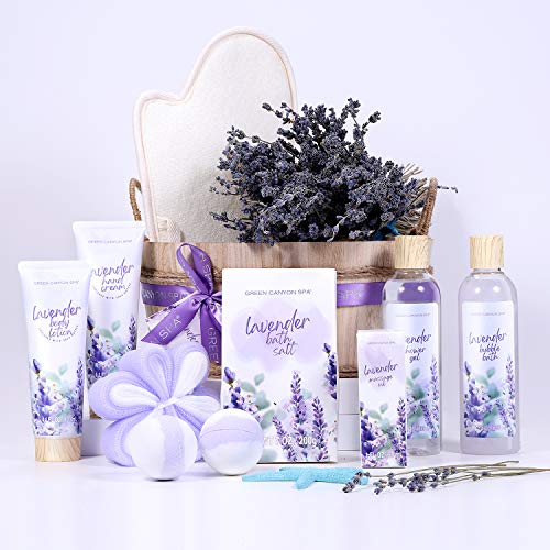 Cestas de Regalo para Mujer, Green Canyon Spa Set de Baño Mujer 11 Piezas Fragancia de Lavanda Incluye Loción Corporal, Gel de Ducha, Crema de Manos Caja SPA Regalo para Cumpleaños, Navidad o Festival