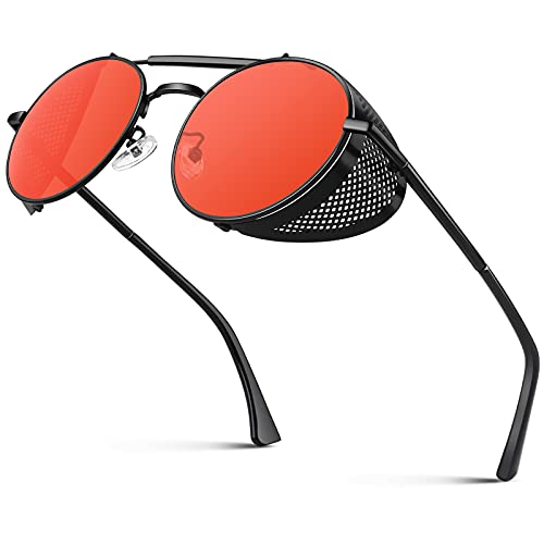 CGID E92 Steampunk estilo retro inspirado círculo metálico redondo gafas de sol polarizadas para hombre mujer Negro Rojo