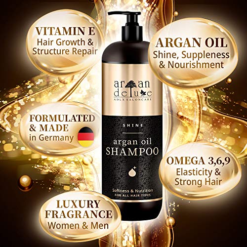 Champú Argan Deluxe 1000 ml. - FORMULACIÓN MEJORADA - Con Aceite de Argán altamente hidratante, para un cuidado diario del cabello aportando suavidad y brillo.