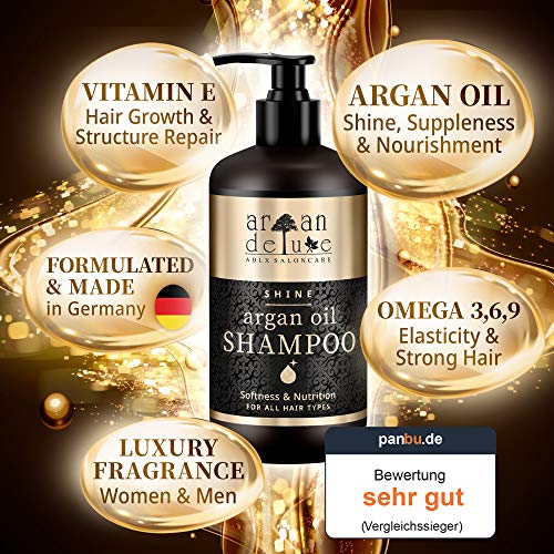 Champú Argan Deluxe 300 ml. - FORMULACIÓN MEJORADA - Con Aceite de Argán altamente hidratante, para un cuidado diario del cabello aportando suavidad y brillo.