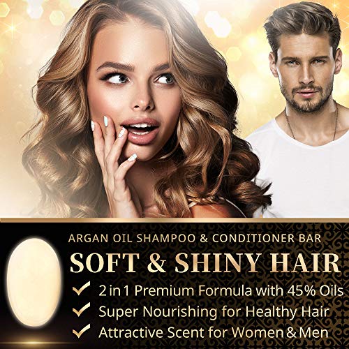 Champú y Acondicionador Sólido Argan Deluxe – FÓRMULA MEJORADA 2021 con 45% de Aceites – Jabón para el Pelo Natural para Mujeres y Hombres – Champú Sólido para más Flexibilidad y Brillo, 80 g