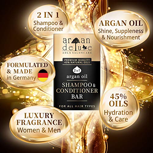 Champú y Acondicionador Sólido Argan Deluxe – FÓRMULA MEJORADA 2021 con 45% de Aceites – Jabón para el Pelo Natural para Mujeres y Hombres – Champú Sólido para más Flexibilidad y Brillo, 80 g