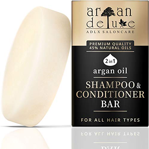 Champú y Acondicionador Sólido Argan Deluxe – FÓRMULA MEJORADA 2021 con 45% de Aceites – Jabón para el Pelo Natural para Mujeres y Hombres – Champú Sólido para más Flexibilidad y Brillo, 80 g